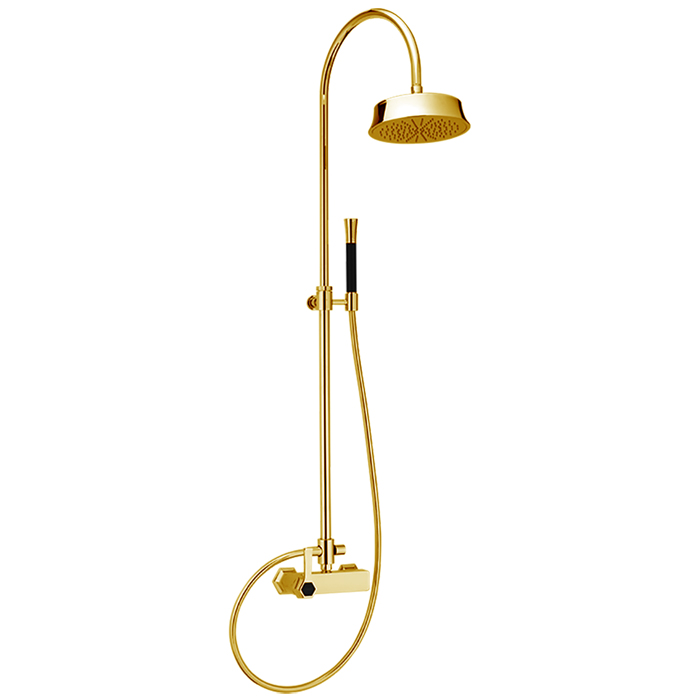 Душевая программа Душевой комплект: смеситель, стойка с верхним душем, лейка+шланг, цвет золото/черный 