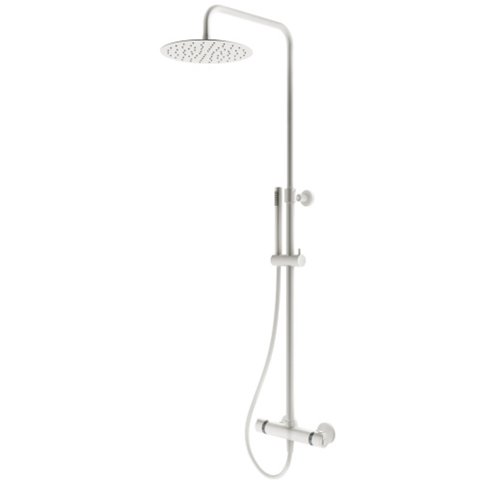 Душевая программа Душевая колонна телескопическая с термостатом, поворотная, верхний душ из нержавеющей стали 250 мм, ручной душ 1 режим, шланг 150 мм, белый матовый 