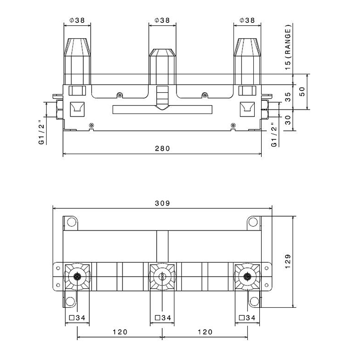 Смесители Встраиваемая часть смесителя на 3 отверстия 