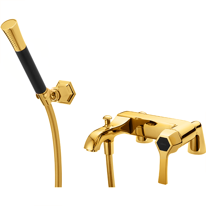 Смесители Смеситель на борт ванны однорычажный, с душевым комплектом, цвет золото/черный 