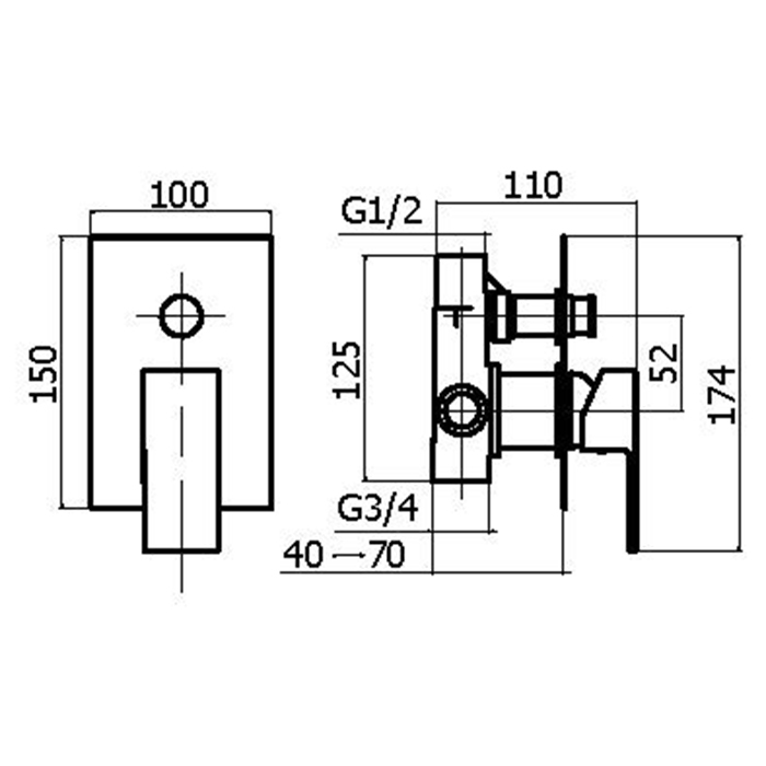 Смесители Внешняя часть встраиваемого смесителя на 2 выхода, накладка 100х150 мм, черный матовый 