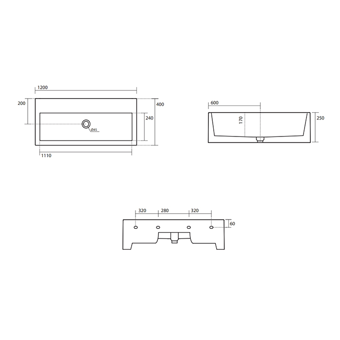Раковины Раковина подвесная, с 1 отверстием под смеситель, 120х40х25 см, цвет белый глянец 
