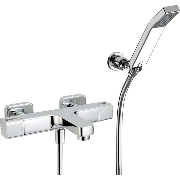 Смесители Смеситель термостатический настенный для ванны/душа с ручной лейкой, держателем и шлангом, цвет хром 