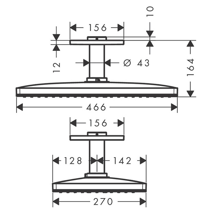 Душевая программа Верхний душ 460х270 мм, 1jet, с потолочным держателем 100мм, цвет хром 