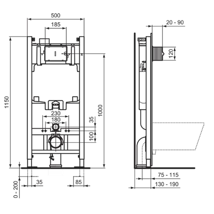 Системы инсталляции Инсталляция для подвесного унитаза, 50хh115х13 см, 6/3 л (регулировка до 4,5/3 л) с крепежом, без кнопки смыва 