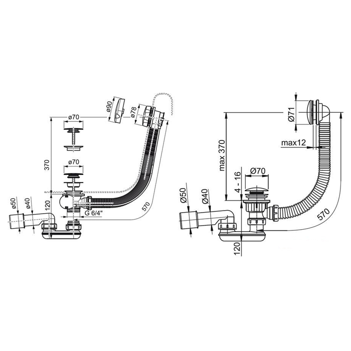 Комплектующие Слив-перелив для ванн удлиненный, 800 мм, Click-Clack, хром 