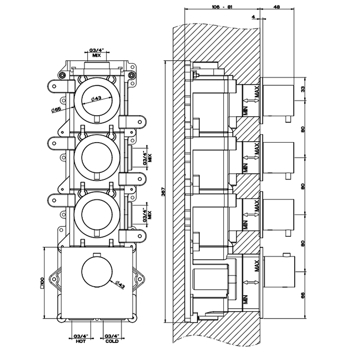 Смесители Внешняя часть термостата с 3 независимыми выходами. Вертикальная/горизонтальная установка. Высокой производительности, цвет черный шлифованный металл 