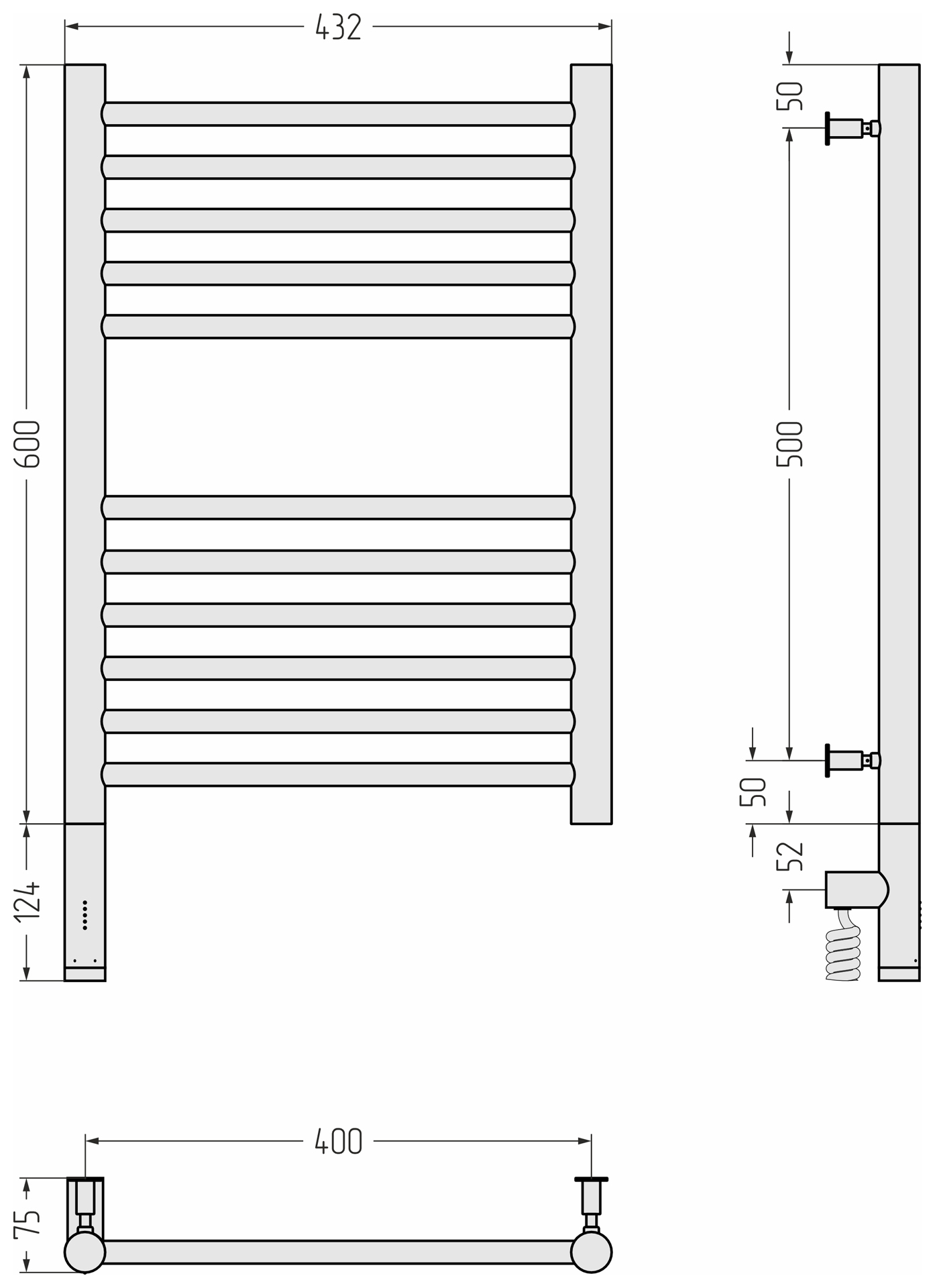 Полотенцесушители Полотенцесушитель электрический прямая 600х400 / МЭМ левый (RAL 7004 Сигнальный серый) 