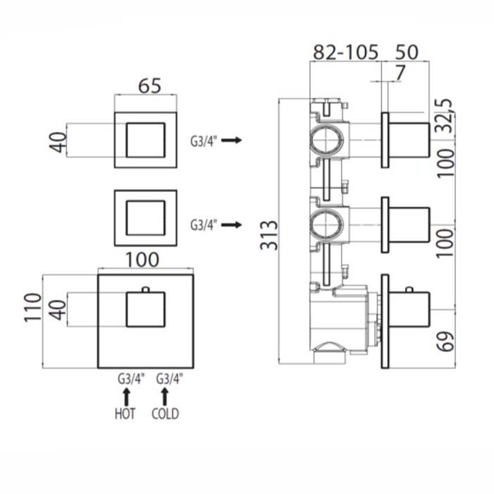 Смесители Наружняя часть термостата для Z030201000, Z030203000, Z030270000 с отдельными панелями, плоская рукоятка, хром 