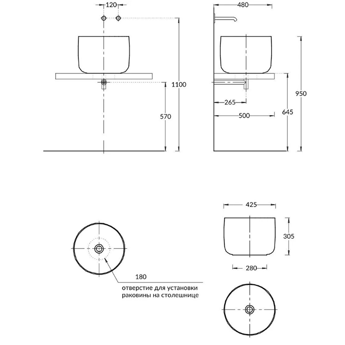 Раковины Раковина накладная 42,5x42,5x30,5 см, без отверстий под смеситель, без перелива, белая глянцевая 