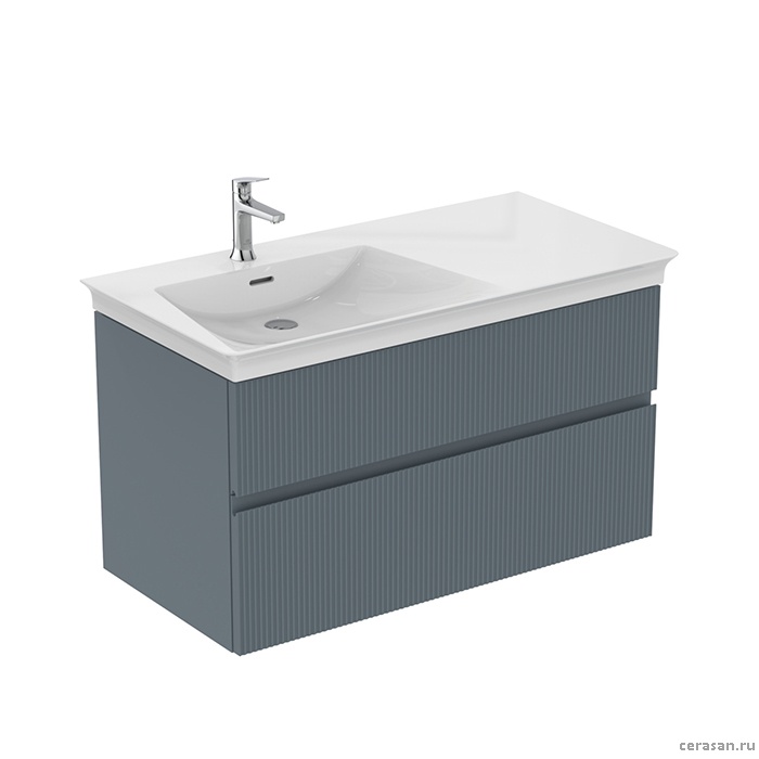 Тумба подвесная 100х50 см. L, 2 ящ. softclose, ручка-паз, без сифона EE23033967,для раковин E2646,E2703,E2679 Ribbed Matt ashblue Lacquered