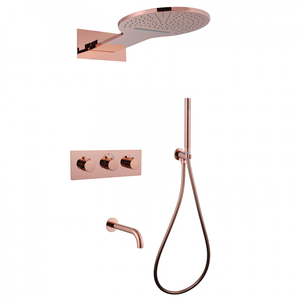 Душевая система скрытого монтажа с изливом, термостат, розовое золото