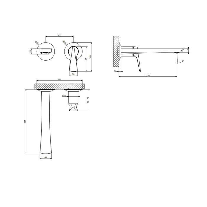 Смесители Внешняя часть настенного смесителя для раковины, цвет Matte Black 