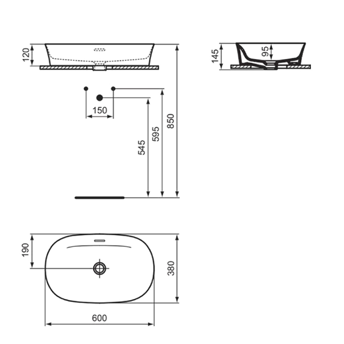 Раковины Раковина 600х380хh120 мм, накладная, овальная, без отверстия под смеситель, с крепежом, шаблоном, покрытие: Diamatec® цвет белый глянец 