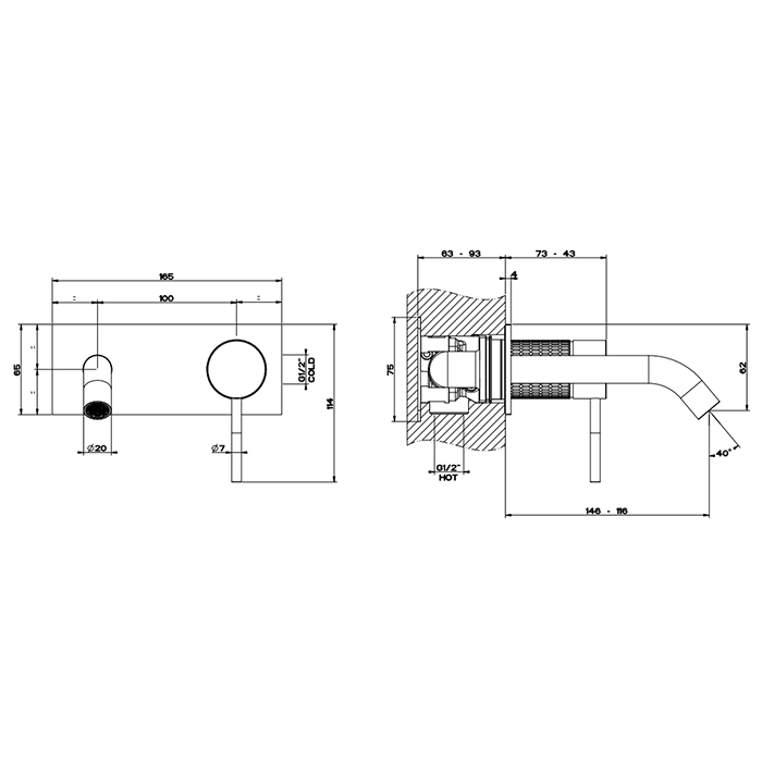 Смесители Встраиваемый смеситель для раковины с изливом 127 -147 мм, цвет: brushed black metal pvd 