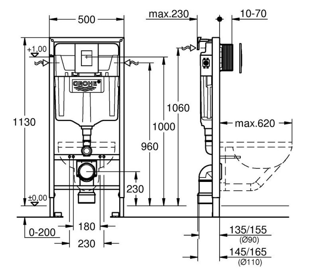 Системы инсталляции Solido 3 в 1 в сборе для подвесного унитаза, с панелью смыва черной матовой 