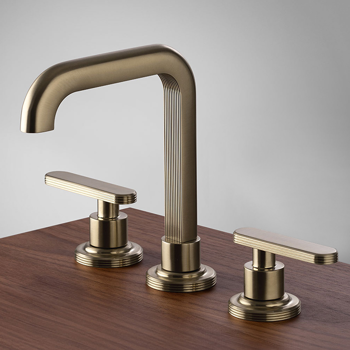 Смеситель для раковины высокий ,на 3 отв. излив 150 мм донный клапан click-clack, цвет ШАМПАНЬ