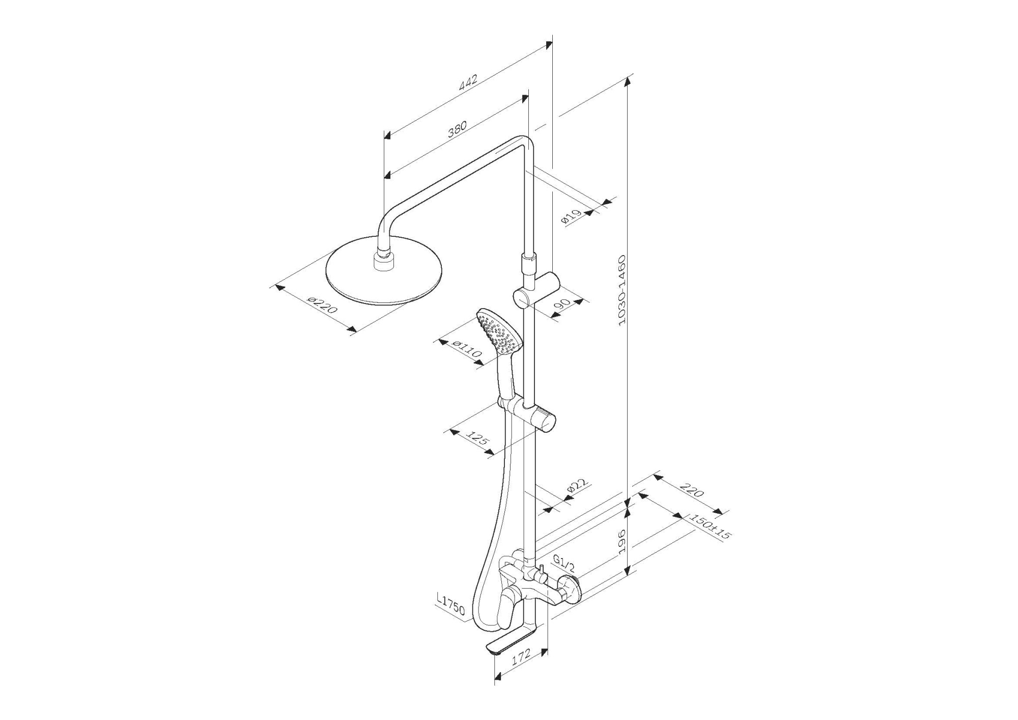 Душевая программа Душевая система, набор: смеситель для ванны/душа, верхний душ d220 мм, ручной душ 110 мм 