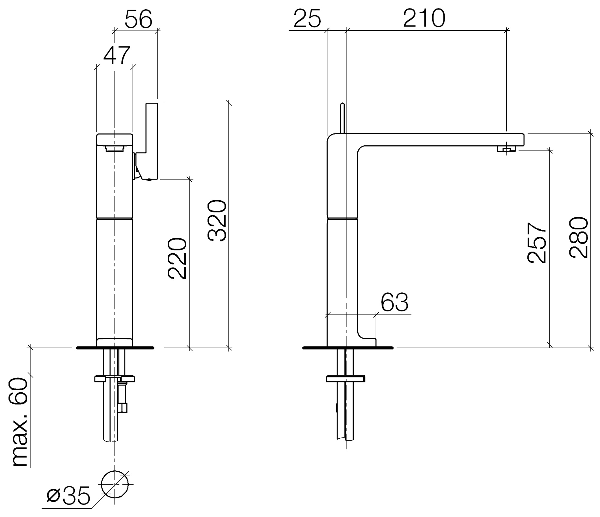 Смесители Смеситель для раковины однорычажный высокий, без сливного гарнитура, хром