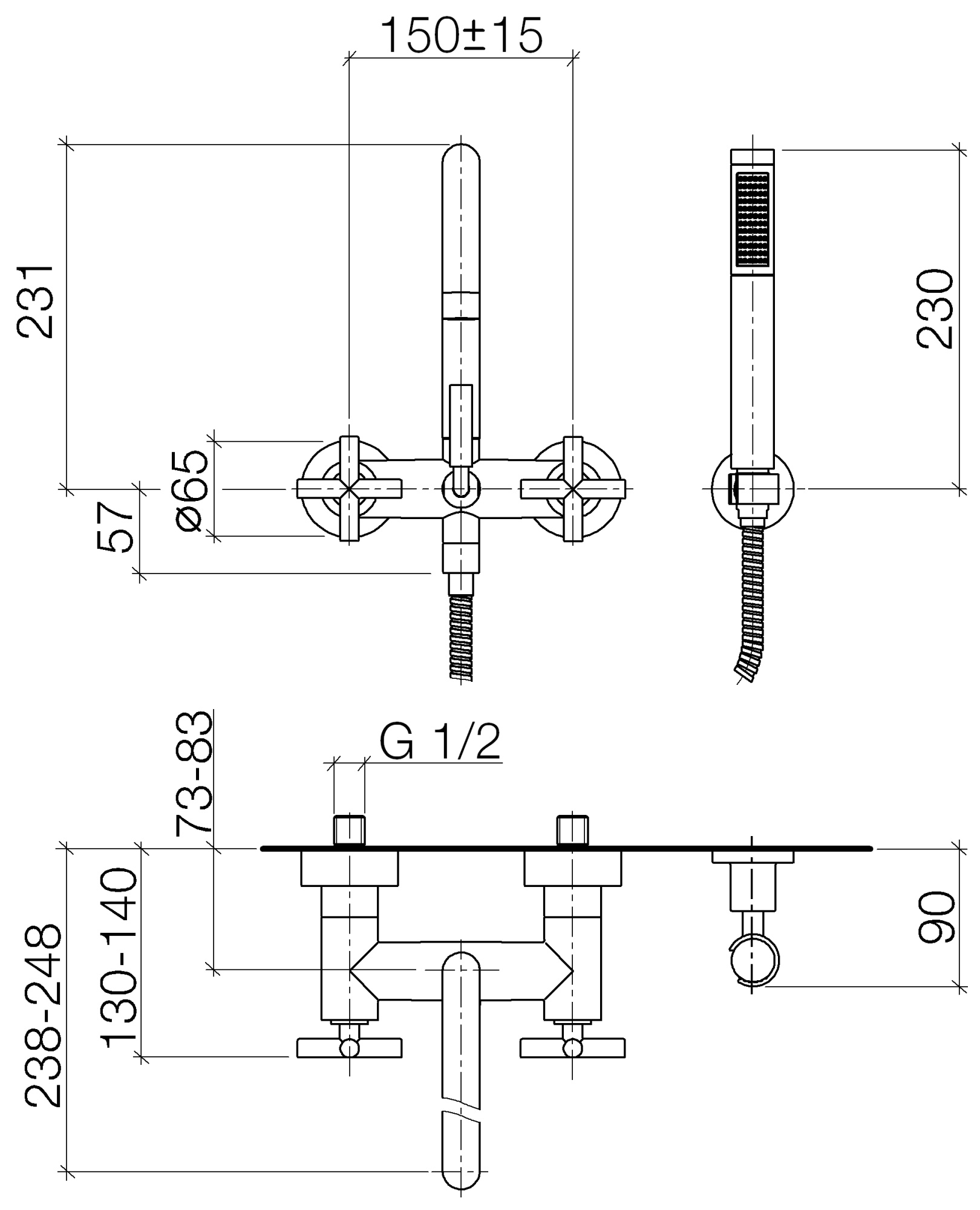 Смесители Смеситель для ванны внешний, излив 240 мм, с ручным душем, хром