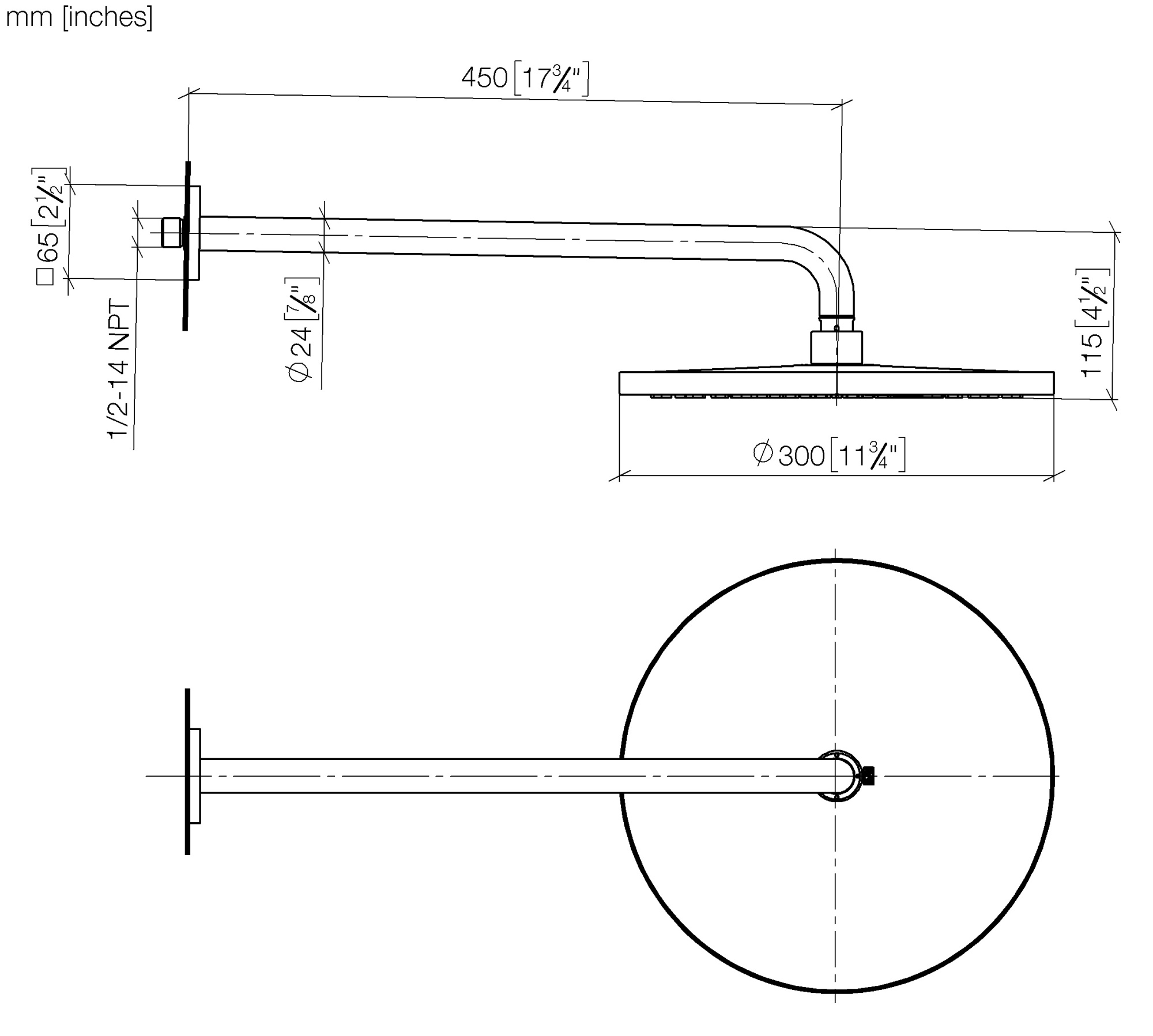Душевая программа Верхний душ 300 мм, вылет 450 мм, хром