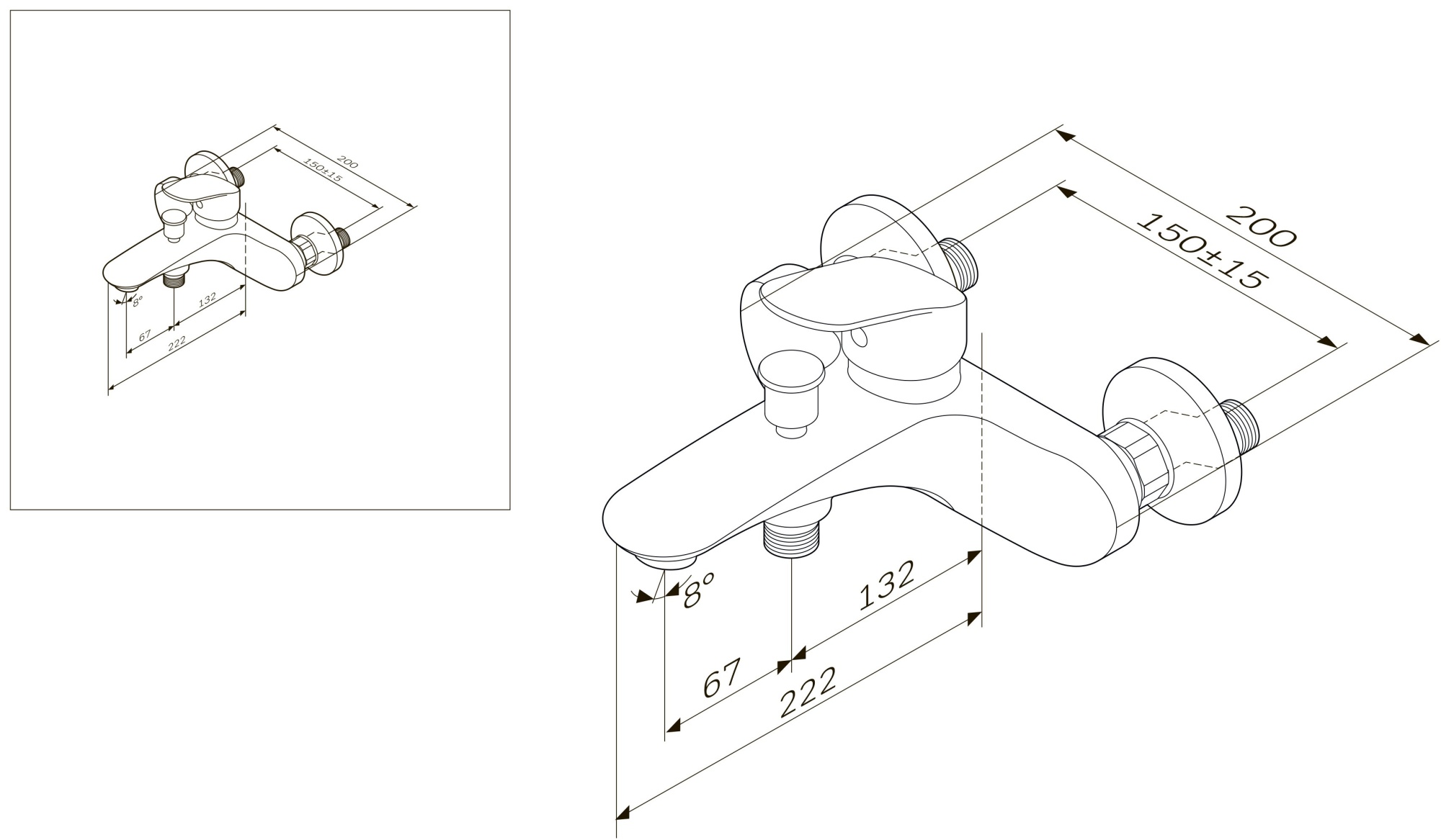 Смесители Смеситель для ванны и душа, излив 199 мм, хром