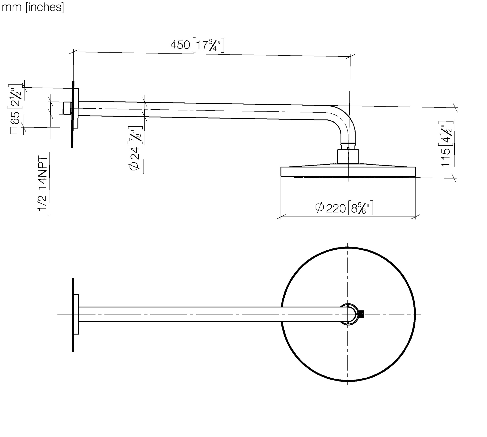 Душевая программа Верхний душ 220 мм, вылет 450 мм, хром 