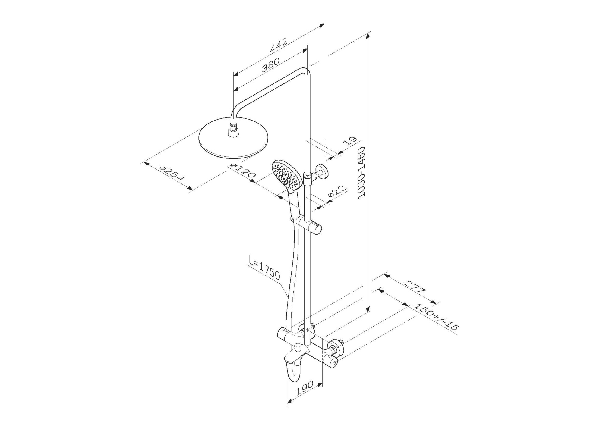 Душевая программа Душевая система, набор: смеситель для ванны/душа с термостатом, верхний душ d 250 мм, ручной душ 