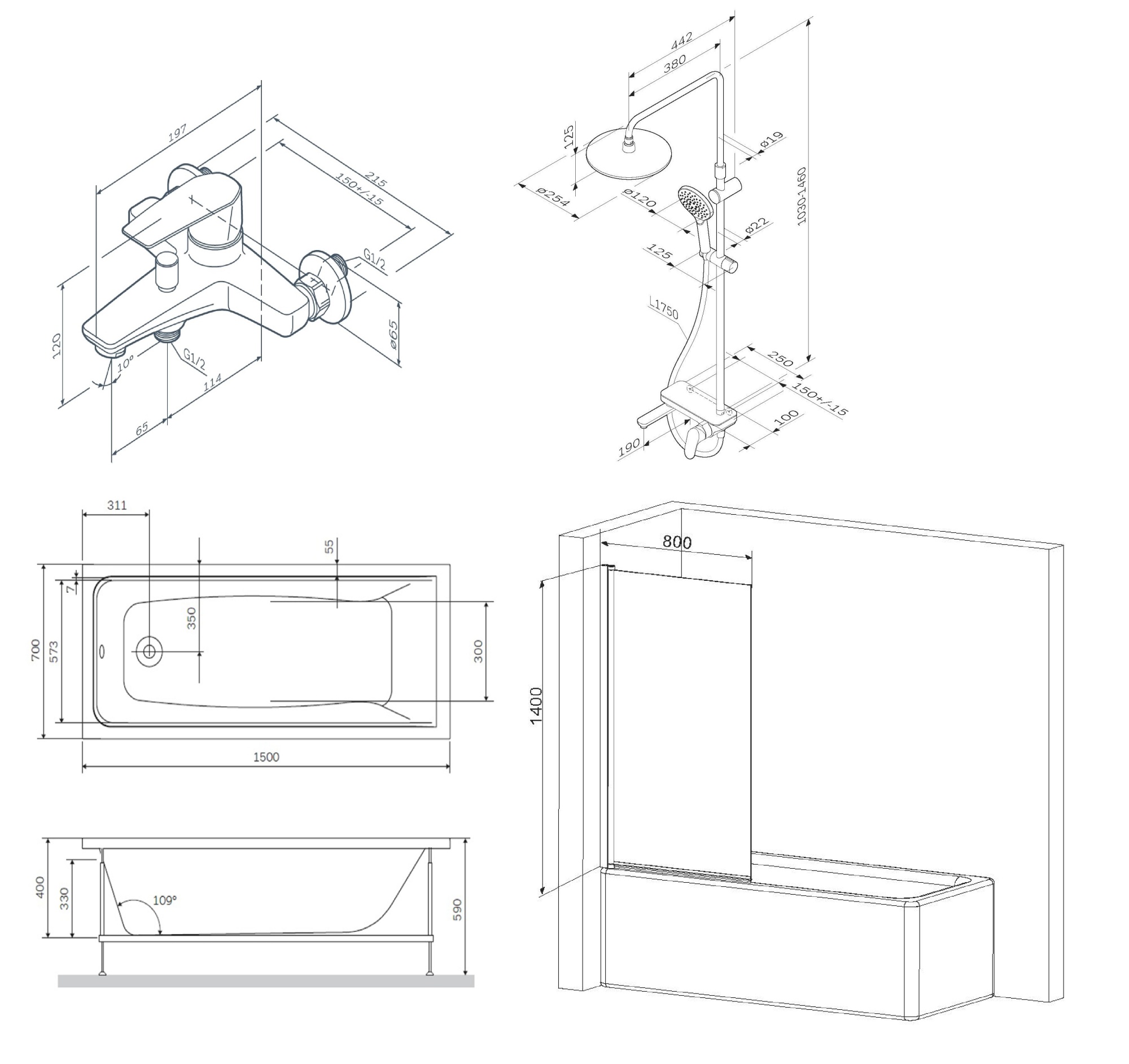 Ванны Набор: Ванна 170x70 с каркасом и шторкой, душевая система со смесителем для ванны и душа AM.PM Gem W90ASET-170D8
