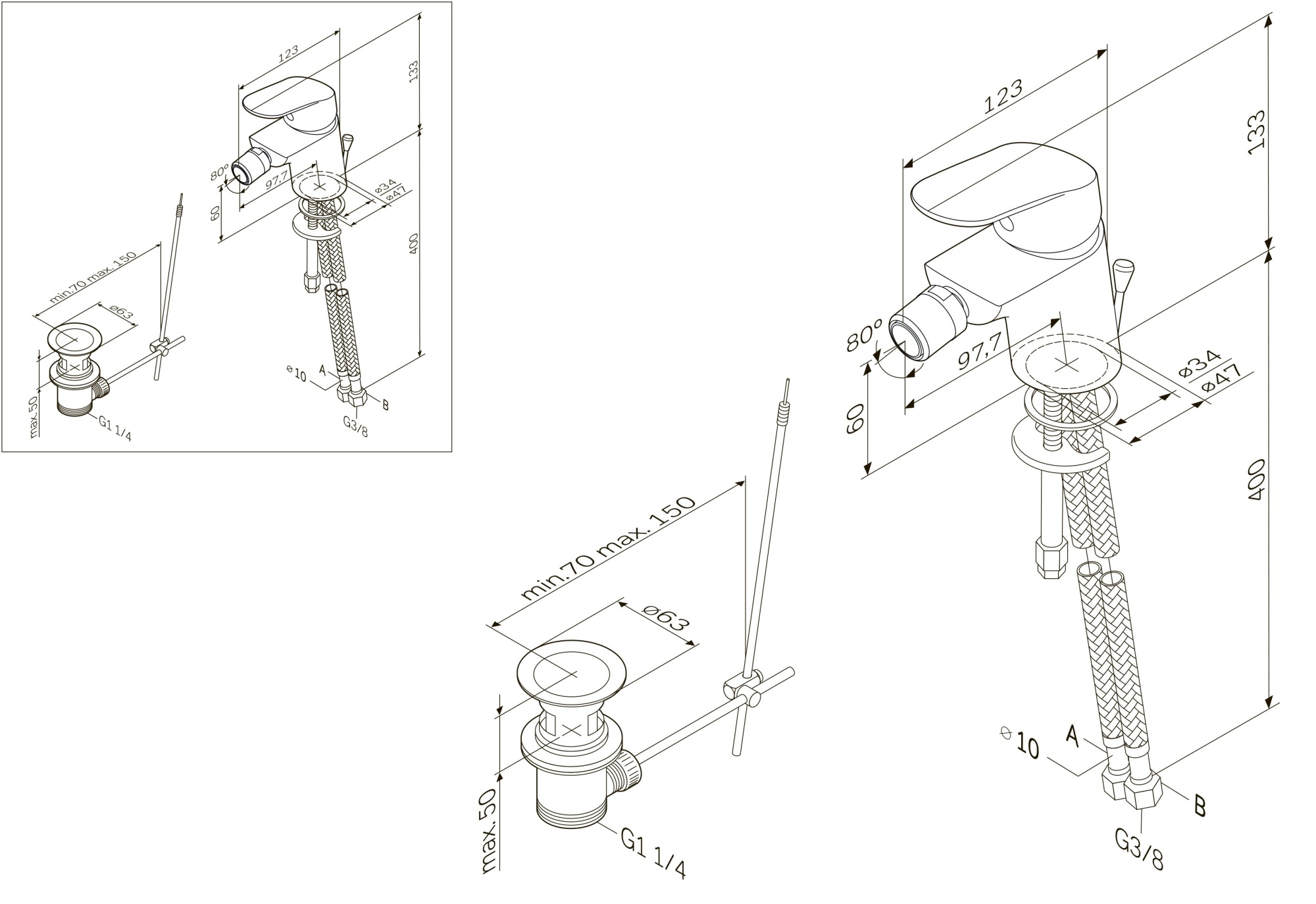 Смесители Смеситель для биде с донным клапаном, излив 98 мм, хром