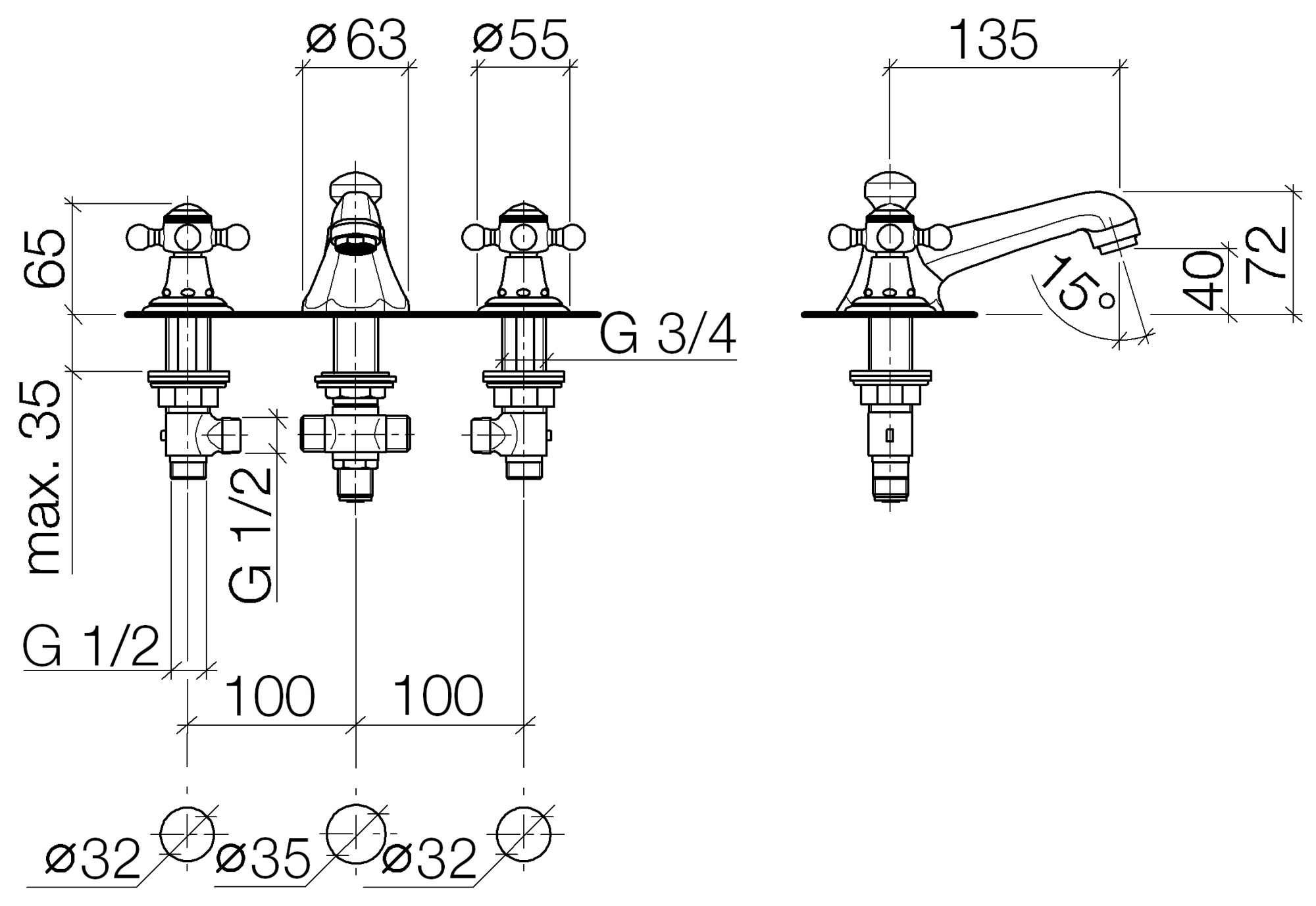 Смесители Смеситель для раковины на 3 отверстия, со сливным гарнитуром, хром