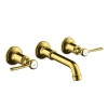 Смесители Смеситель для раковины, настенный, на 3 отверстия, излив 165-225 мм, с незапираемым сливным набором, рычажные рукоятки, цвет полированное золото