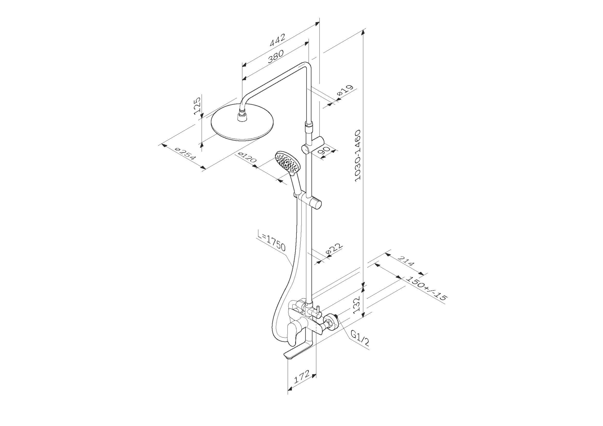 Душевая программа Душевая система, набор: смеситель для ванны/душа, верхний душ d250 мм, ручной душ 120 мм, 3 функции