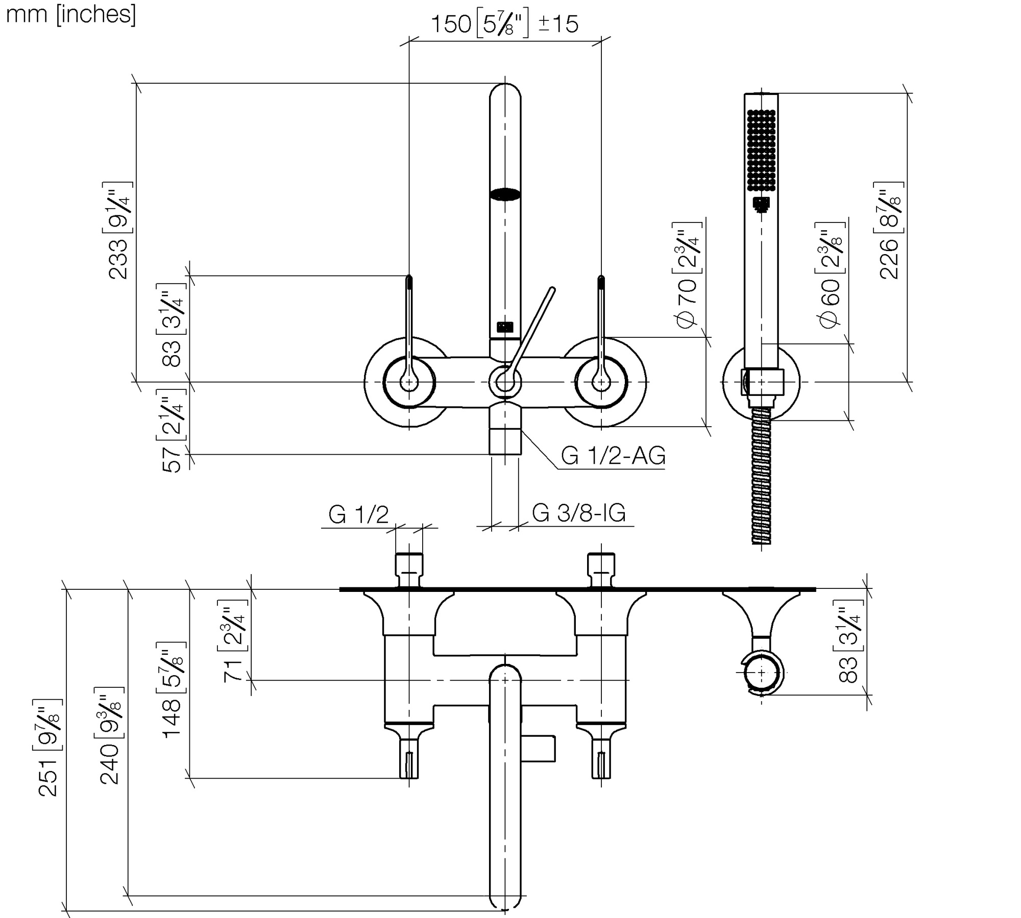 Смесители Смеситель для ванны внешний, излив 240 мм, с ручным душем, хром 