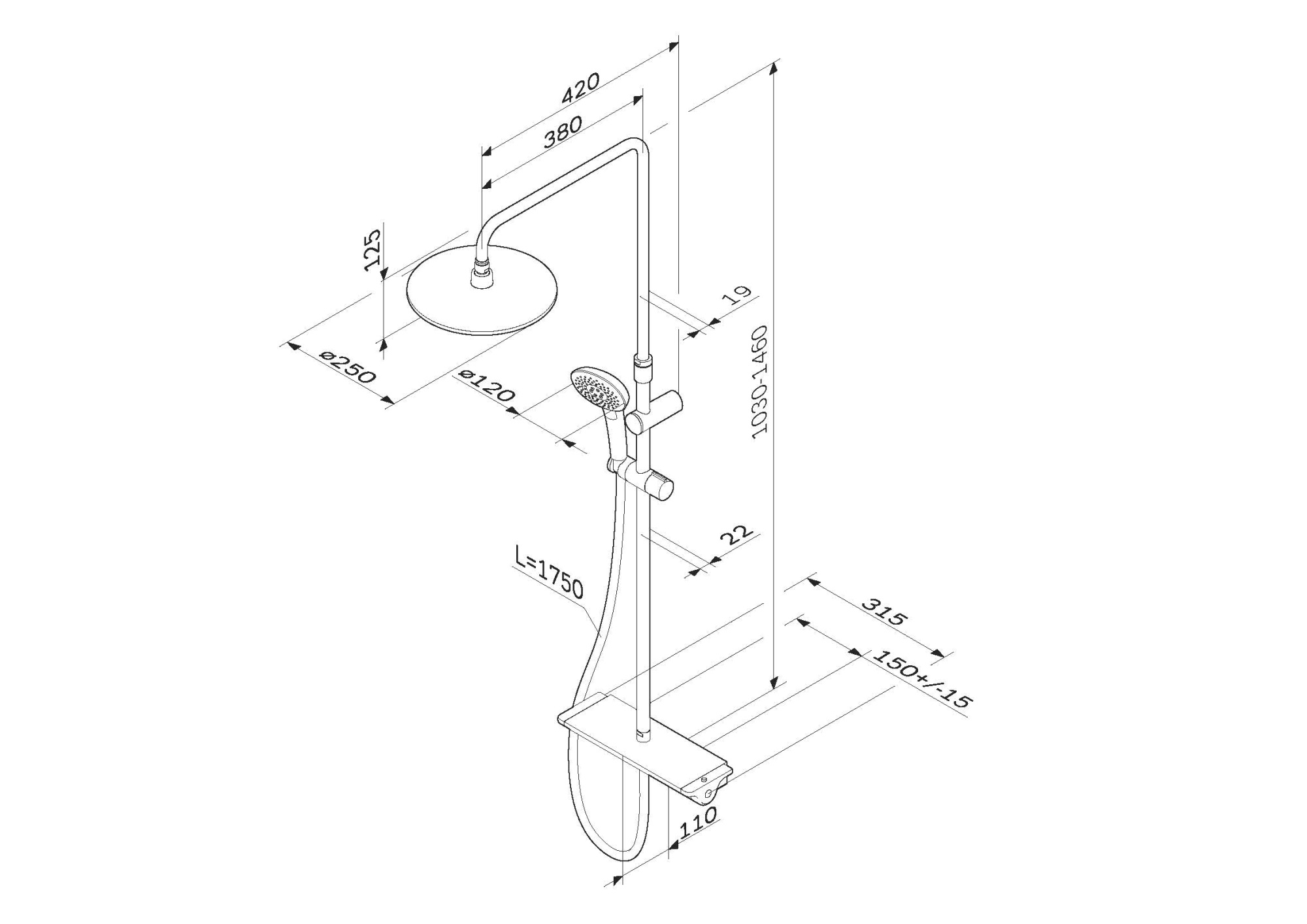 Душевая программа Душевая система, набор: смеситель для душа с термостатом, верхний душ d 250 мм, ручной душ 