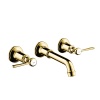 Смесители Смеситель для раковины, настенный, на 3 отверстия, излив 165-225 мм, с незапираемым сливным набором, рычажные рукоятки, цвет полированное золото