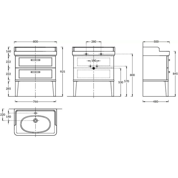 Мебель для ванной Тумба напольная с 2 ящиками 80, черная глянцевая (замена PO.N.80.2/BLK) 