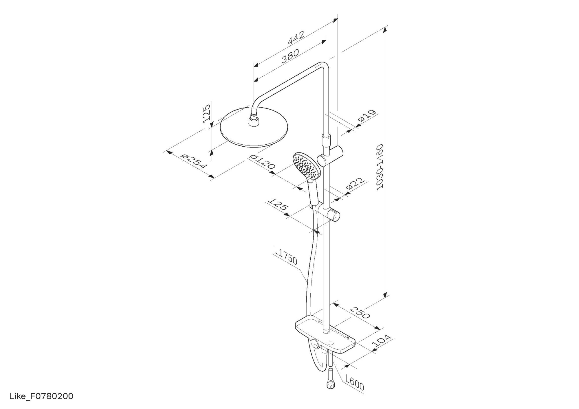 Душевая программа Душевая система: верхний душ 250мм, ручной душ 120 мм, 3 функции, душевая штанга 1030-1460 мм 