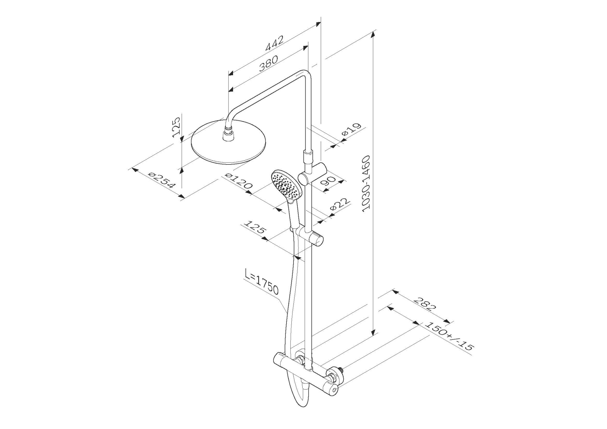 Душевая программа Душевая система набор: смеситель для душа термостат, верхний душ d250 мм, ручной душ 120 мм, 3 функции 
